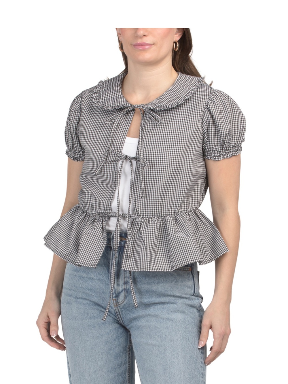 Black and White Gingham Tie-Front Peplum Top